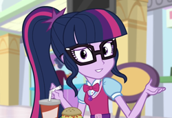 Size: 1448x998 | Tagged: safe, edit, edited screencap, editor:mycarhasamoustache, imported from derpibooru, screencap, sci-twi, twilight sparkle, equestria girls, mirror magic, spoiler:eqg specials, burger, cropped, food, hamburger, smile edit, solo