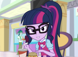 Size: 1446x1062 | Tagged: safe, edit, edited screencap, editor:mycarhasamoustache, imported from derpibooru, screencap, sci-twi, twilight sparkle, equestria girls, mirror magic, spoiler:eqg specials, burger, cropped, cute, food, hamburger, lidded eyes, looking at you, smile edit, solo, twiabetes