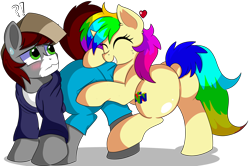 Size: 7400x4900 | Tagged: safe, artist:rainbowtashie, imported from derpibooru, oc, oc:khaki-cap, oc:rainbow tashie, earth pony, pony, blushing, butt, clothes, commissioner:bigonionbean, cutie mark, embarrassed, female, flank, hat, jean thicc, male, mare, pants, plot, simple background, stallion, sweat, transparent background, writer:bigonionbean