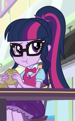 Size: 610x980 | Tagged: safe, imported from derpibooru, screencap, sci-twi, twilight sparkle, equestria girls, mirror magic, spoiler:eqg specials, burger, cropped, food, hamburger, solo