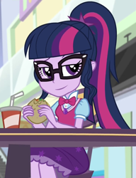 Size: 724x942 | Tagged: safe, imported from derpibooru, screencap, sci-twi, twilight sparkle, equestria girls, mirror magic, spoiler:eqg specials, burger, cropped, food, hamburger, solo