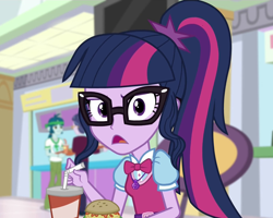 Size: 1340x1074 | Tagged: safe, imported from derpibooru, screencap, sci-twi, twilight sparkle, equestria girls, mirror magic, spoiler:eqg specials, burger, cropped, food, hamburger, solo