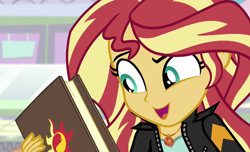 Size: 1762x1068 | Tagged: safe, edit, edited screencap, editor:mycarhasamoustache, imported from derpibooru, screencap, sunset shimmer, equestria girls, mirror magic, spoiler:eqg specials, book, cropped, solo