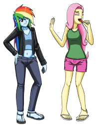 Size: 2832x3600 | Tagged: safe, artist:artemis-polara, imported from derpibooru, angel bunny, fluttershy, rainbow dash, comic:magic lolly, equestria girls, anklet, belly button, candy, cellphone, clothes, commission, duo, feet, female, flip-flops, food, hand on hip, jacket, lollipop, mawshot, midriff, open mouth, pants, phone, sandals, shirt, short shirt, shorts, simple background, tanktop, toe ring, toes, tongue out, transparent background, uvula