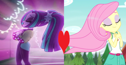 Size: 1236x642 | Tagged: safe, imported from derpibooru, aria blaze, fluttershy, equestria girls, equestria girls series, legend of everfree, sunset's backstage pass!, spoiler:eqg series (season 2), ariashy, female, lesbian, shipping, shipping domino