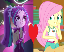 Size: 605x494 | Tagged: safe, imported from derpibooru, aria blaze, fluttershy, equestria girls, equestria girls series, find the magic, legend of everfree, sunset's backstage pass!, spoiler:eqg series (season 2), ariashy, female, heart, lesbian, shipping, shipping domino