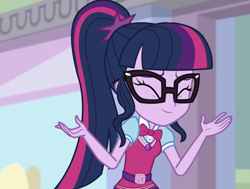 Size: 1422x1074 | Tagged: safe, imported from derpibooru, screencap, sci-twi, twilight sparkle, equestria girls, mirror magic, movie magic, spoiler:eqg specials, bowtie, cropped, female, geode of telekinesis, glasses, magical geodes, ponytail, solo