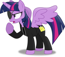 Size: 4165x3633 | Tagged: safe, artist:anime-equestria, imported from derpibooru, twilight sparkle, alicorn, pony, annoyed, clothes, disguise, eyepatch, eyepatch (disguise), female, horn, jacket, mare, simple background, solo, sticky note, transparent background, twilight sparkle (alicorn), vector, wings