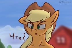 Size: 2560x1707 | Tagged: safe, artist:phlerius, imported from derpibooru, applejack, pony, cyrillic, digital art, farm, my little pony, perplexed, reaction image, russian, solo, translated in the description, translation in description, wat, wat (reaction image)