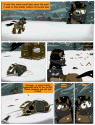 Size: 1530x2009 | Tagged: safe, artist:cactuscowboydan, imported from derpibooru, oc, unicorn, comic:mlp:outcasted, comic:outcasted, banished, banishment, fantasy class, helmet, skull, snow, story included, sword, warrior, weapon, winter