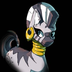 Size: 1280x1280 | Tagged: safe, artist:...macabre..., artist:1alberich1, imported from derpibooru, zecora, earth pony, pony, zebra, black background, colored sketch, ear fluff, ear piercing, earring, female, jewelry, mare, neck rings, piercing, rendered sketch, simple background, sketch, solo