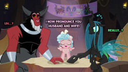 Size: 1024x576 | Tagged: safe, edit, edited screencap, imported from derpibooru, screencap, cozy glow, lord tirek, queen chrysalis, centaur, changeling, pegasus, pony, frenemies (episode), antagonist, arms, banner, beard, bow, caption, chair, changeling wings, chestplate, chrysirek, claws, crown, curly mane, cute, evil lair, facial hair, female, filly, funny, grogar's lair, hand, holes, hooves, horn, horns, image macro, implied wedding, jewelry, joke, lair, legion of doom, log, male, marriage, muscles, nose piercing, nose ring, open mouth, piercing, regalia, septum piercing, shipper on deck, shipping, small wings, straight, table, text, transparent wings, wedding, wings, wristband