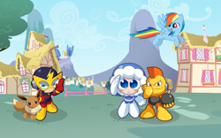 Size: 900x563 | Tagged: safe, artist:yuseifan4life, imported from derpibooru, rainbow dash, eevee, bomb man, crossover, elec man, ice man, mega man (series), megaman, pokémon