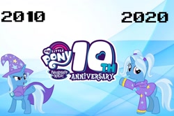 Size: 1280x852 | Tagged: safe, artist:mega-poneo, imported from derpibooru, trixie, pony, unicorn, alternate hairstyle, babysitter trixie, cape, clothes, duality, female, gameloft, gameloft interpretation, happy birthday mlp:fim, hat, hoodie, logo, mare, mlp fim's tenth anniversary, trixie's cape, trixie's hat