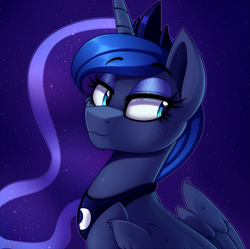 Size: 1681x1674 | Tagged: dead source, safe, artist:thegamblehorse, deleted from derpibooru, imported from derpibooru, princess luna, alicorn, pony, cheek fluff, crown, cute, ethereal mane, female, jewelry, lidded eyes, lunabetes, mare, night, regalia, solo, starry mane, stars, wing fluff