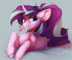 Size: 2560x2133 | Tagged: safe, artist:innosjoa, starlight glimmer, pony, unicorn, candy, chest fluff, collar, ear piercing, earring, eyeshadow, female, food, jewelry, lollipop, lying down, makeup, mare, piercing, prone, signature, solo, spiked collar