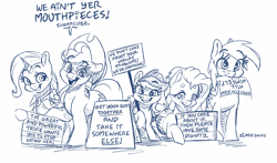 Size: 4000x2356 | Tagged: safe, artist:dilarus, deleted from derpibooru, edit, editor:edits of hate, imported from derpibooru, applejack, derpy hooves, fluttershy, rainbow dash, trixie, earth pony, pegasus, pony, unicorn, applejack's hat, background pony strikes again, bait, based and redpilled, black and white, cape, clothes, cowboy hat, derpy being derpy, dialogue, digital art, epstein didn't kill himself, eyebrows, female, freckles, grayscale, hat, i just don't know what went wrong, looking at you, mare, monochrome, mouthpiece, placard, politics, sign, signature, simple background, trixie's cape, unauthorized edit, vulgar, white background
