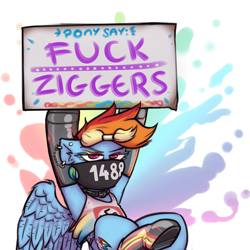 Size: 3000x3000 | Tagged: safe, artist:krd, edit, editor:edits of hate, imported from twibooru, rainbow dash, pegasus, pony, 1488, boots, clothes, collar, ear piercing, earring, female, fishnets, fuck ziggers, jewelry, mare, mask, mouthpiece, nazi, piercing, politics, pride, racism, shoes, sign, simple background, solo, swastika, unauthorized edit, vulgar, white background