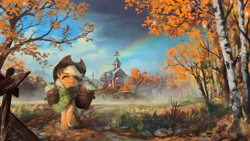 Size: 7680x4320 | Tagged: safe, artist:huussii, edit, applejack, earth pony, pony, 16:9, absurd resolution, ai upscaled, apple, autumn, basket, clothes, cute, eyes closed, female, food, hat, high res, jackabetes, mare, rainbow, scarf, scenery, scenery porn, solo, sweet apple acres, tree, upscaled, wallpaper