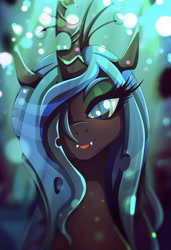 Size: 556x811 | Tagged: safe, artist:eilifsolberg, queen chrysalis, changeling, changeling queen, female, lidded eyes, smiling, solo