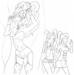 Size: 1263x1280 | Tagged: safe, artist:vytz, imported from derpibooru, adagio dazzle, aria blaze, sonata dusk, sunset shimmer, siren, equestria girls, calling, clothes, costume, disguise, disguised siren, mask, masking, skinsuit disguise, traditional art, undercover