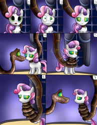 Size: 1836x2370 | Tagged: safe, artist:jerrydestrtoyer, imported from derpibooru, sweetie belle, pony, snake, unicorn, coils, comic, crossover, female, filly, hypnosis, hypnotized, kaa eyes, kaa hypnotism paraphilia, male, mind control, suspended, the jungle book, wrapped up