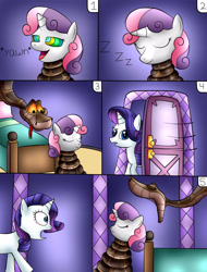 Size: 1752x2304 | Tagged: safe, artist:jerrydestrtoyer, imported from derpibooru, rarity, sweetie belle, pony, snake, unicorn, coils, comic, crossover, female, filly, hypnosis, hypnotized, imminent vore, implied vore, kaa eyes, kaa hypnotism paraphilia, male, mare, mind control, onomatopoeia, open mouth, sleeping, sound effects, the jungle book, wrapped up, yawn, zzz