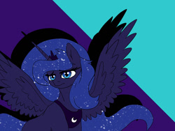 Size: 900x675 | Tagged: safe, artist:slamjam, imported from derpibooru, princess luna, alicorn, pony, abstract background, ethereal mane, female, galaxy mane, looking at you, mare, shadow, solo, spread wings, wings