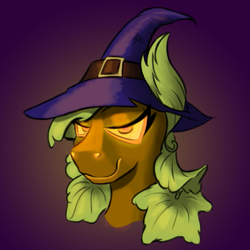 Size: 725x725 | Tagged: safe, artist:cocaine, imported from derpibooru, oc, oc:pumpkin witch, bedroom eyes, glowing eyes, halloween, hat, holiday, leaf, leaf ears, leaf mane, pumpkin pony, smug, witch, witch hat