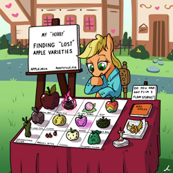 Size: 3150x3150 | Tagged: safe, artist:docwario, imported from derpibooru, applejack, pony, apple, element of honesty, food, freckles, hat, jacktober, looking up, open mouth, sitting, traditional art, zap apple