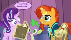 Size: 1280x720 | Tagged: safe, edit, edited screencap, imported from derpibooru, screencap, spike, starlight glimmer, sunburst, the crystalling, book, clothes, harrison bergeron, innocently insensitive, magic, magic aura, male, robe, scroll, speech, speech bubble, talking