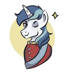 Size: 716x716 | Tagged: safe, artist:camaleao, imported from derpibooru, shining armor, pony, unicorn, clothes, male, one eye closed, simple background, smiling, solo, stallion, uniform, wink