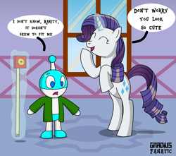 Size: 1514x1336 | Tagged: safe, artist:gradiusfanatic, imported from derpibooru, rarity, oc, oc:bx-8, robot, unicorn, aura, duo, female, male, measuring tape