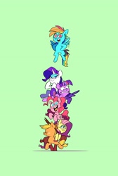 Size: 2752x4096 | Tagged: safe, artist:kylesmeallie, imported from derpibooru, applejack, fluttershy, pinkie pie, rainbow dash, rarity, twilight sparkle, alicorn, earth pony, pegasus, pony, unicorn, cowboy hat, earth pony strength, eyes closed, female, flying, green background, hat, mane six, mare, no pupils, pony pile, scared, simple background, stack, tower of pony, twilight sparkle (alicorn)