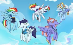 Size: 1280x788 | Tagged: safe, artist:starchan56, imported from derpibooru, rainbow dash, soarin', oc, clothes, deviantart watermark, female, flying, male, obtrusive watermark, offspring, older, shipping, soarindash, straight, uniform, watermark, wonderbolts dress uniform