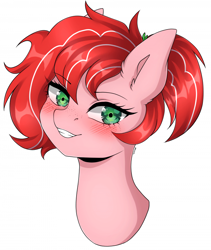 Size: 700x831 | Tagged: safe, artist:torihime, imported from derpibooru, oc, oc only, oc:shimmy, oc:strawberry glaze, earth pony, pony, blushing, flirting, flirty, looking at you, sassy, simple background, smiling, smirk, solo, white background