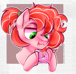 Size: 700x688 | Tagged: safe, artist:silverlove, imported from derpibooru, oc, oc only, oc:shimmy, oc:strawberry glaze, earth pony, pony, donut, eating, food, herbivore, munch, solo