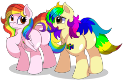 Size: 7800x5100 | Tagged: safe, artist:rainbowtashie, imported from derpibooru, oc, oc only, oc:candy clumsy, oc:rainbow tashie, earth pony, pegasus, pony, butt, commissioner:bigonionbean, cute, cutie mark, daaaaaaaaaaaw, embarrassed, extra thicc, female, flank, friendship, mare, plot, simple background, transparent background, writer:bigonionbean