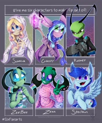 Size: 3350x4000 | Tagged: safe, artist:maliforger894, imported from derpibooru, oc, oc only, alien, human, pegasus, pony, six fanarts, :d, bust, clothes, crossover, female, invader zim, open mouth, peace sign, pegasus oc, smiling, staff, wings