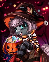 Size: 2550x3209 | Tagged: safe, artist:pridark, imported from derpibooru, part of a set, oc, oc only, oc:raven, alicorn, earth pony, pony, alicorn oc, candy, clothes, commission, female, food, freckles, halloween, hat, high res, holiday, horn, jack-o-lantern, mare, open mouth, pumpkin, pumpkin bucket, socks, solo, striped socks, wings, witch hat, ych result