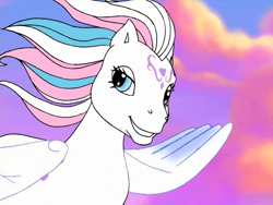 Size: 720x540 | Tagged: safe, imported from derpibooru, screencap, star catcher, pegasus, pony, dancing in the clouds, female, flying, g3, lidded eyes, looking at you, mare, smiling, solo, windswept mane