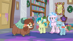 Size: 1366x768 | Tagged: safe, imported from derpibooru, screencap, ocellus, sandbar, silverstream, smolder, yona, changedling, changeling, classical hippogriff, dragon, earth pony, hippogriff, pony, yak, the hearth's warming club, bow, cloven hooves, colored hooves, dragoness, female, hair bow, jewelry, male, monkey swings, necklace, teenager