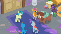 Size: 1366x768 | Tagged: safe, imported from derpibooru, screencap, gallus, ocellus, sandbar, smolder, yona, changedling, changeling, dragon, earth pony, griffon, pony, yak, the hearth's warming club, bow, butt, cloven hooves, dragoness, female, hair bow, male, monkey swings, plot, teenager