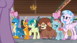 Size: 1366x768 | Tagged: safe, imported from derpibooru, screencap, gallus, ocellus, sandbar, silverstream, smolder, twilight sparkle, yona, alicorn, changedling, changeling, classical hippogriff, dragon, earth pony, griffon, hippogriff, pony, yak, the hearth's warming club, bow, cloven hooves, colored hooves, dragoness, female, hair bow, jewelry, male, monkey swings, necklace, teenager