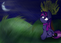 Size: 3100x2200 | Tagged: safe, artist:almaustral, imported from derpibooru, oc, oc only, pony, clothes, crescent moon, full moon, grass, moon, night, scarf, solo, tree