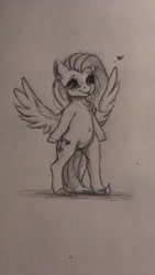 Size: 1152x2048 | Tagged: safe, artist:miokomata, imported from derpibooru, fluttershy, pegasus, pony, semi-anthro, bipedal, chest fluff, cute, female, freckles, freckleshy, heart, mare, monochrome, pencil drawing, shyabetes, sketch, solo, traditional art