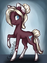 Size: 2480x3316 | Tagged: safe, artist:cvanilda, imported from derpibooru, oc, oc only, oc:lineth, earth pony, pony, coat markings, colored hooves, earth pony oc, raised hoof, signature, smiling, socks (coat marking), socks (coat markings), solo