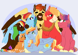 Size: 2912x2059 | Tagged: safe, artist:lunacat2001, imported from derpibooru, big macintosh, rainbow dash, oc, oc:berry sorbe, oc:party popper, oc:silly billy, oc:sweet bloom, dog, earth pony, pegasus, pony, unicorn, family, female, male, offspring, parent:big macintosh, parent:rainbow dash, parents:rainbowmac, pet oc, rainbowmac, shipping, straight