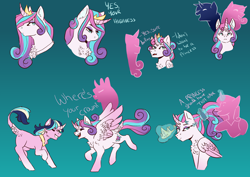 Size: 2912x2059 | Tagged: safe, artist:lunacat2001, imported from derpibooru, princess cadance, princess flurry heart, shining armor, oc, oc:star constellation, alicorn, pony, bust, cousins, crown, female, filly, filly flurry heart, gradient background, jewelry, magical lesbian spawn, offspring, older, older flurry heart, parent:starlight glimmer, parent:twilight sparkle, parents:twistarlight, ponytail, regalia, silhouette