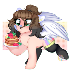 Size: 2316x2288 | Tagged: safe, artist:2pandita, imported from derpibooru, oc, oc only, pegasus, pony, clothes, colored wings, female, food, mare, pancakes, socks, solo, strawberry, wings